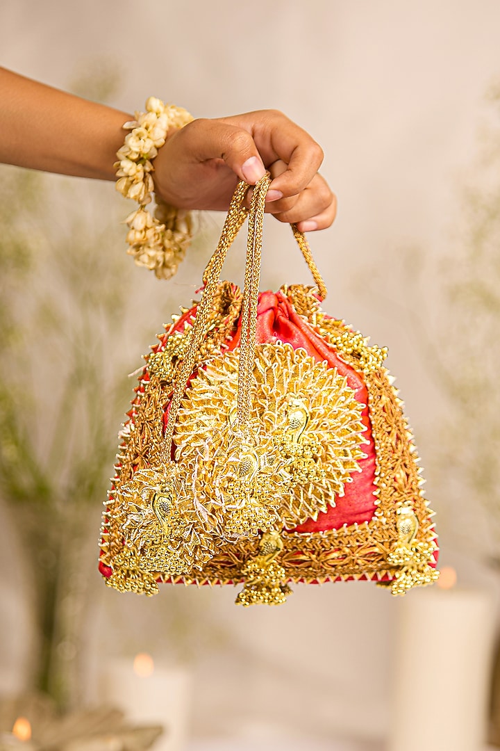 Orange Brocade Gota-Patti Embellished Potli Bag by 5 Elements at Pernia's Pop Up Shop