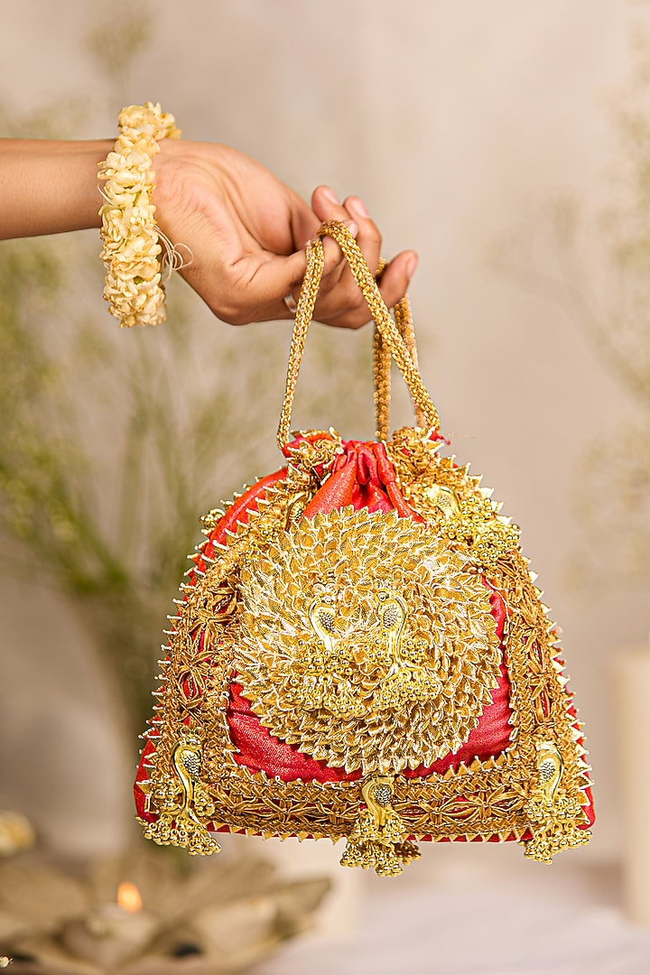 Orange Brocade Gota-Patti Embellished Potli Bag by 5 Elements at Pernia's Pop Up Shop