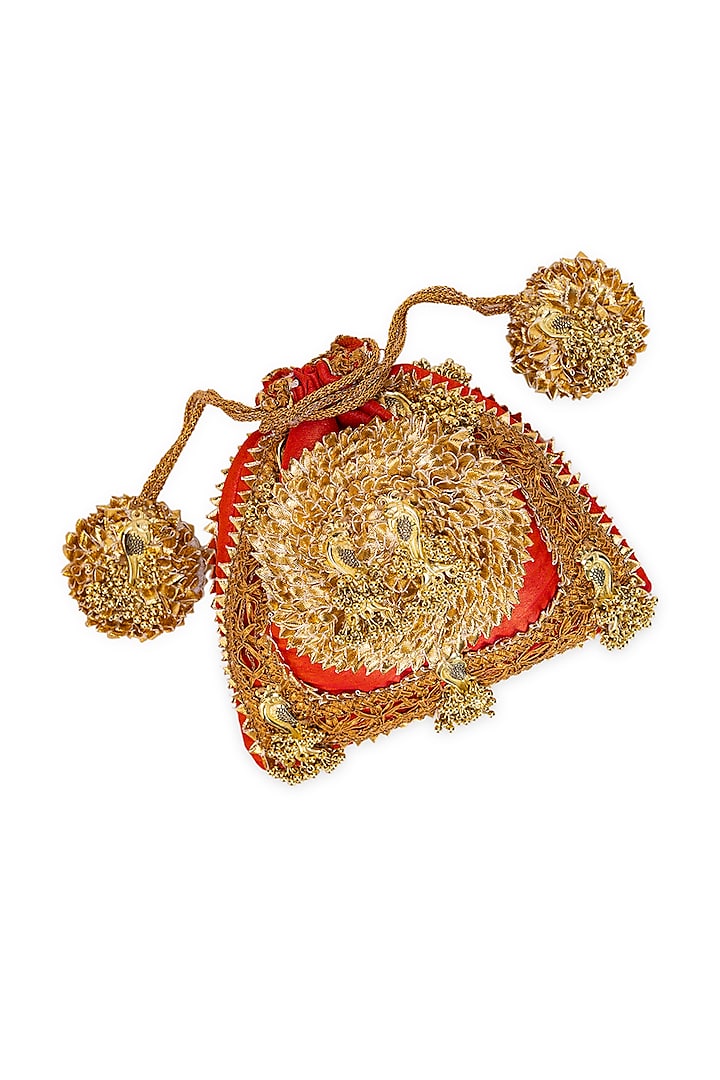 Orange Brocade Gota-Patti Embellished Potli Bag by 5 Elements at Pernia's Pop Up Shop