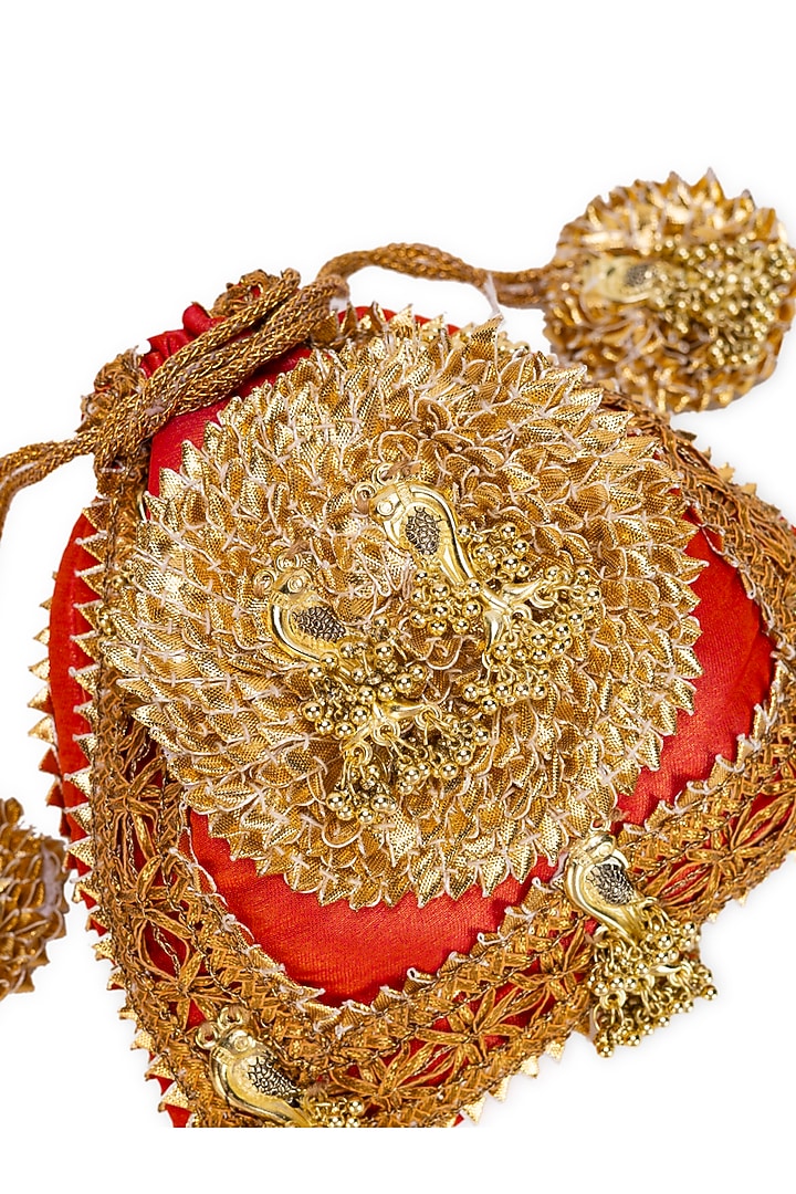 Orange Brocade Gota-Patti Embellished Potli Bag by 5 Elements at Pernia's Pop Up Shop