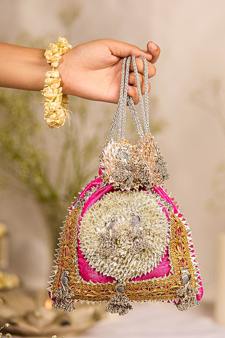 Rani Pink Brocade Gota-Patti Embellished Potli Bag by 5 Elements at Pernia's Pop Up Shop