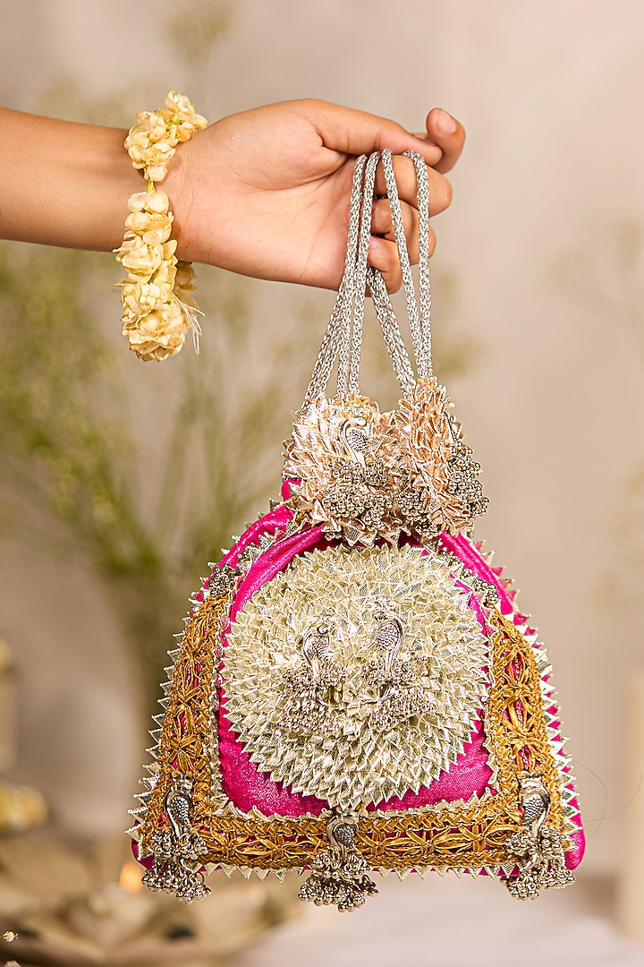 Rani Pink Brocade Gota-Patti Embellished Potli Bag by 5 Elements at Pernia's Pop Up Shop