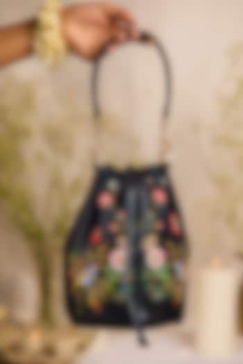 Black Suede Floral Printed Potli Bag by 5 Elements at Pernia's Pop Up Shop