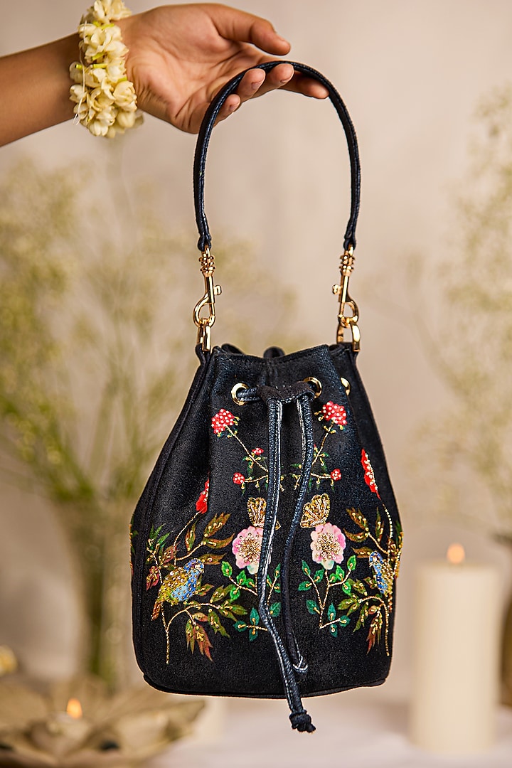 Black Suede Floral Printed Potli Bag by 5 Elements at Pernia's Pop Up Shop