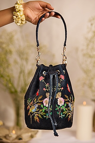 Black Suede Floral Printed Potli Bag by 5 Elements
