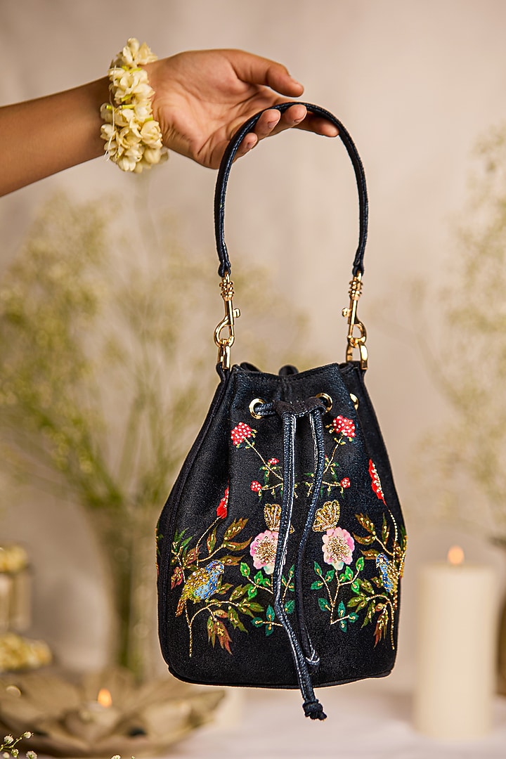Black Suede Floral Printed Potli Bag by 5 Elements at Pernia's Pop Up Shop