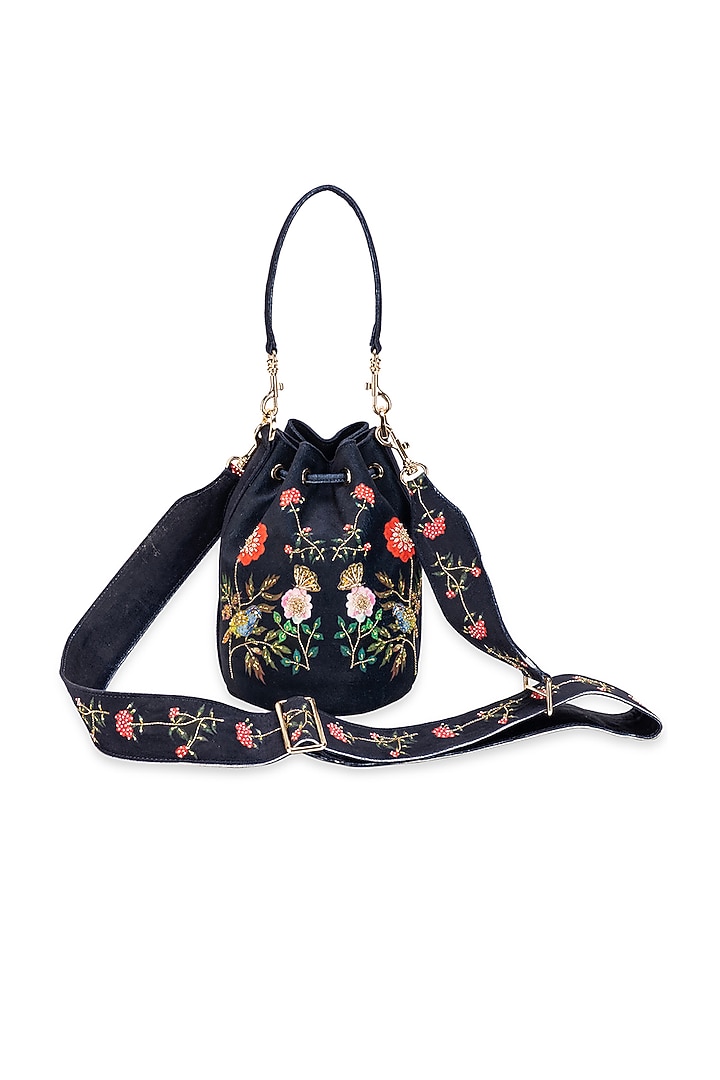 Black Suede Floral Printed Potli Bag by 5 Elements at Pernia's Pop Up Shop