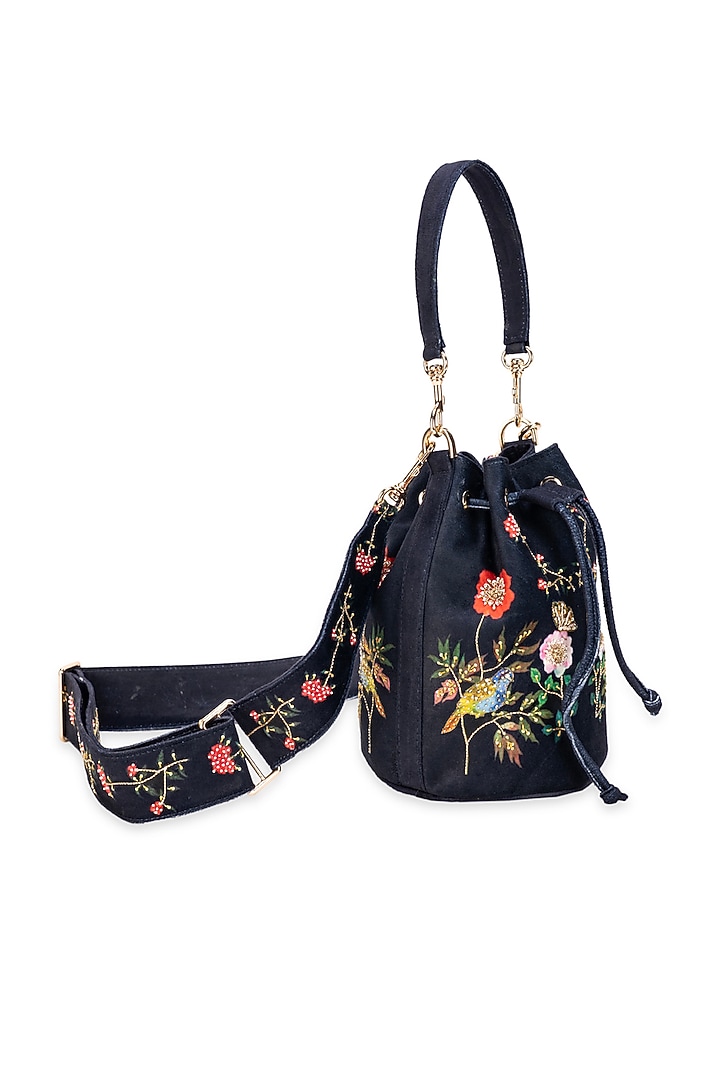 Black Suede Floral Printed Potli Bag by 5 Elements at Pernia's Pop Up Shop