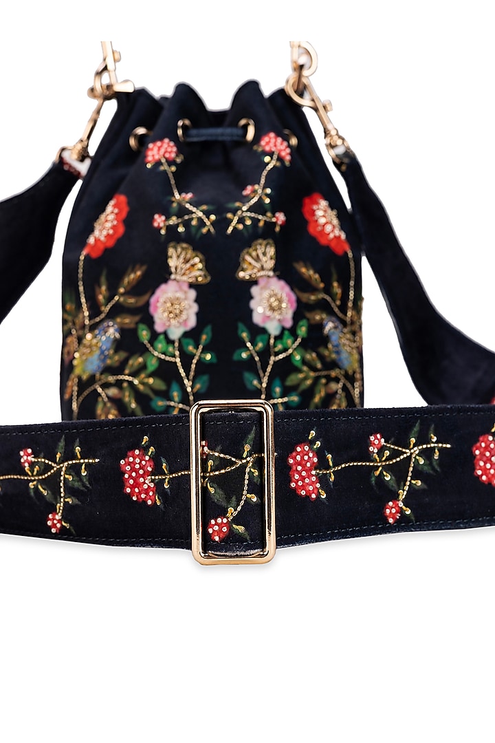 Black Suede Floral Printed Potli Bag by 5 Elements at Pernia's Pop Up Shop
