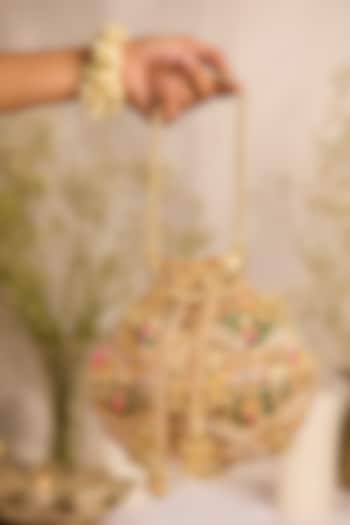 Green Suede Gota-Patti Embellished Potli Bag by 5 Elements at Pernia's Pop Up Shop