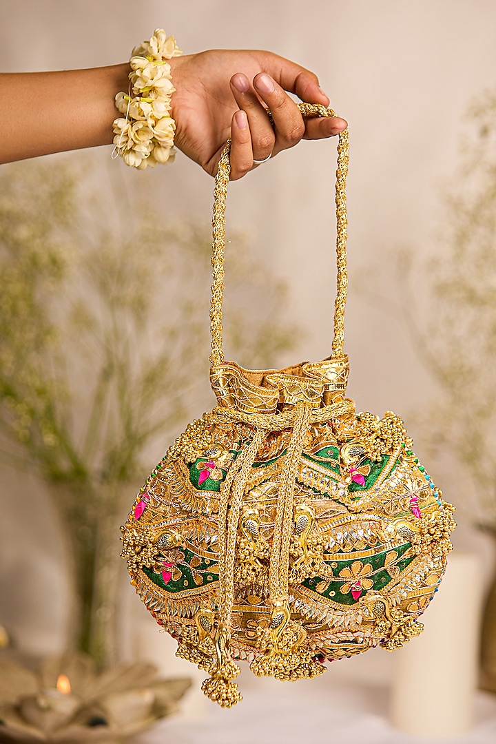 Green Suede Gota-Patti Embellished Potli Bag by 5 Elements at Pernia's Pop Up Shop