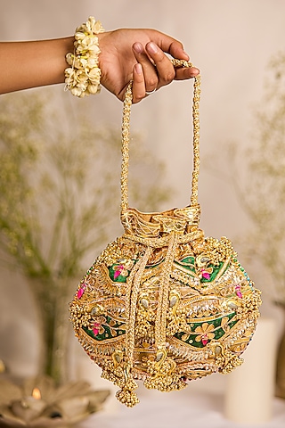 Green Suede Gota-Patti Embellished Potli Bag by 5 Elements