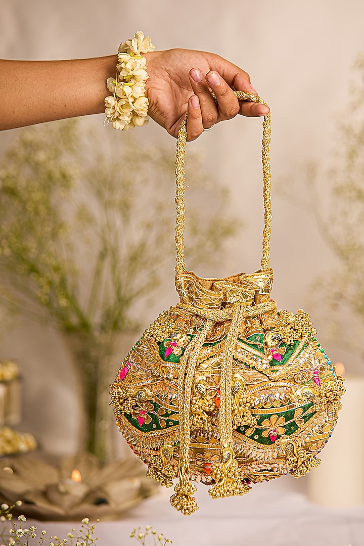 Green Suede Gota-Patti Embellished Potli Bag by 5 Elements at Pernia's Pop Up Shop