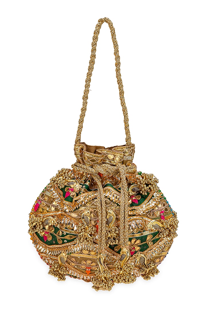 Green Suede Gota-Patti Embellished Potli Bag by 5 Elements at Pernia's Pop Up Shop