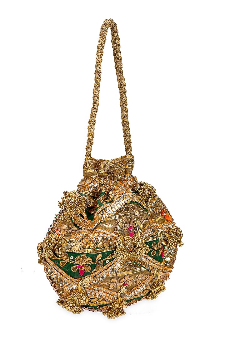 Green Suede Gota-Patti Embellished Potli Bag by 5 Elements at Pernia's Pop Up Shop