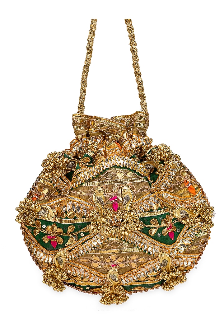 Green Suede Gota-Patti Embellished Potli Bag by 5 Elements at Pernia's Pop Up Shop