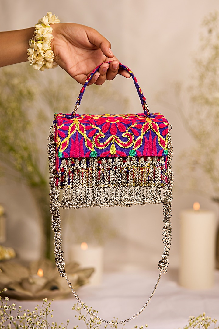Purple Jacquard Tassels Embellished Textured Handbag by 5 Elements at Pernia's Pop Up Shop