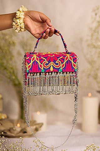 Purple Jacquard Tassels Embellished Textured Handbag by 5 Elements