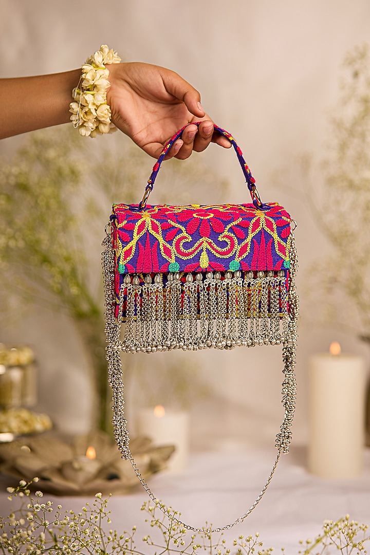 Purple Jacquard Tassels Embellished Textured Handbag by 5 Elements at Pernia's Pop Up Shop