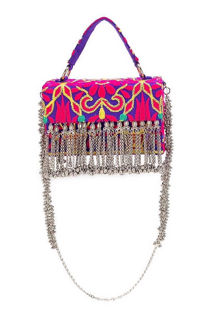 Purple Jacquard Tassels Embellished Textured Handbag by 5 Elements at Pernia's Pop Up Shop