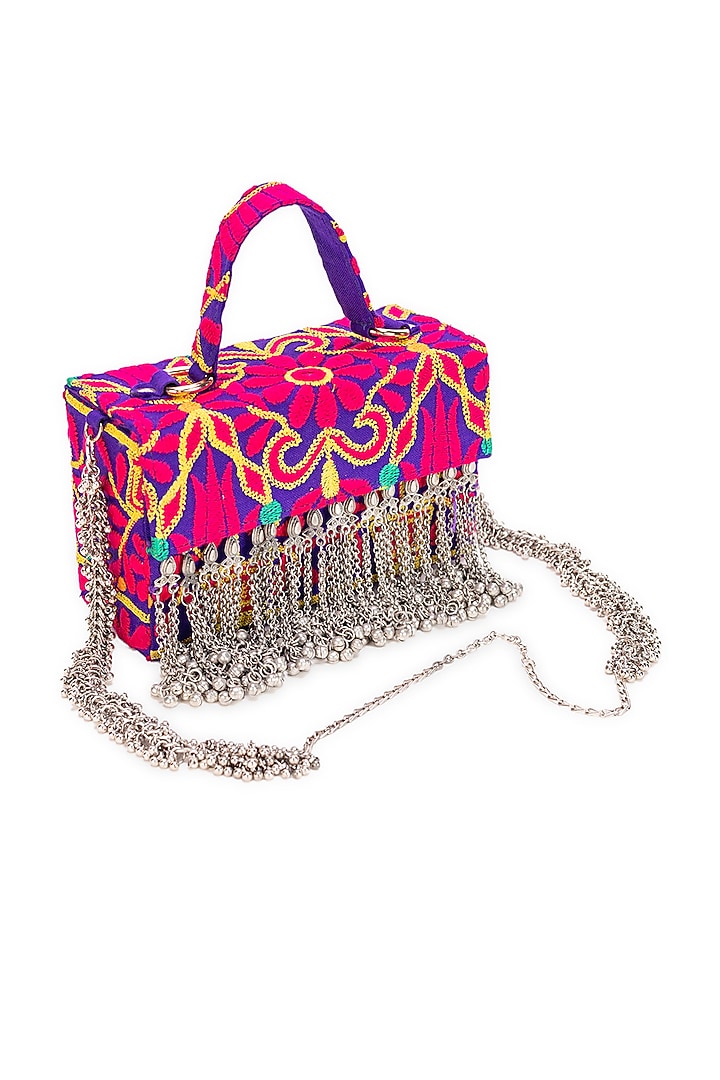 Purple Jacquard Tassels Embellished Textured Handbag by 5 Elements at Pernia's Pop Up Shop