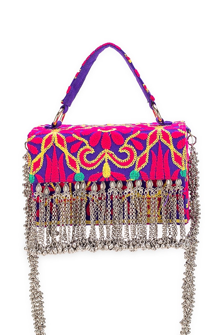 Purple Jacquard Tassels Embellished Textured Handbag by 5 Elements at Pernia's Pop Up Shop