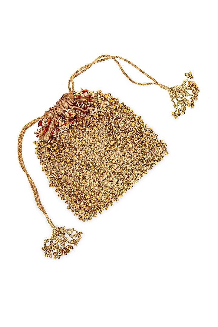 Golden Brocade Ghungroo Embellished Potli Bag by 5 Elements at Pernia's Pop Up Shop