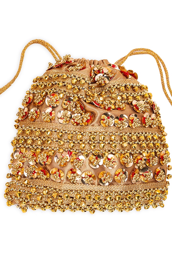 Golden Brocade Ghungroo Embellished Potli Bag by 5 Elements at Pernia's Pop Up Shop