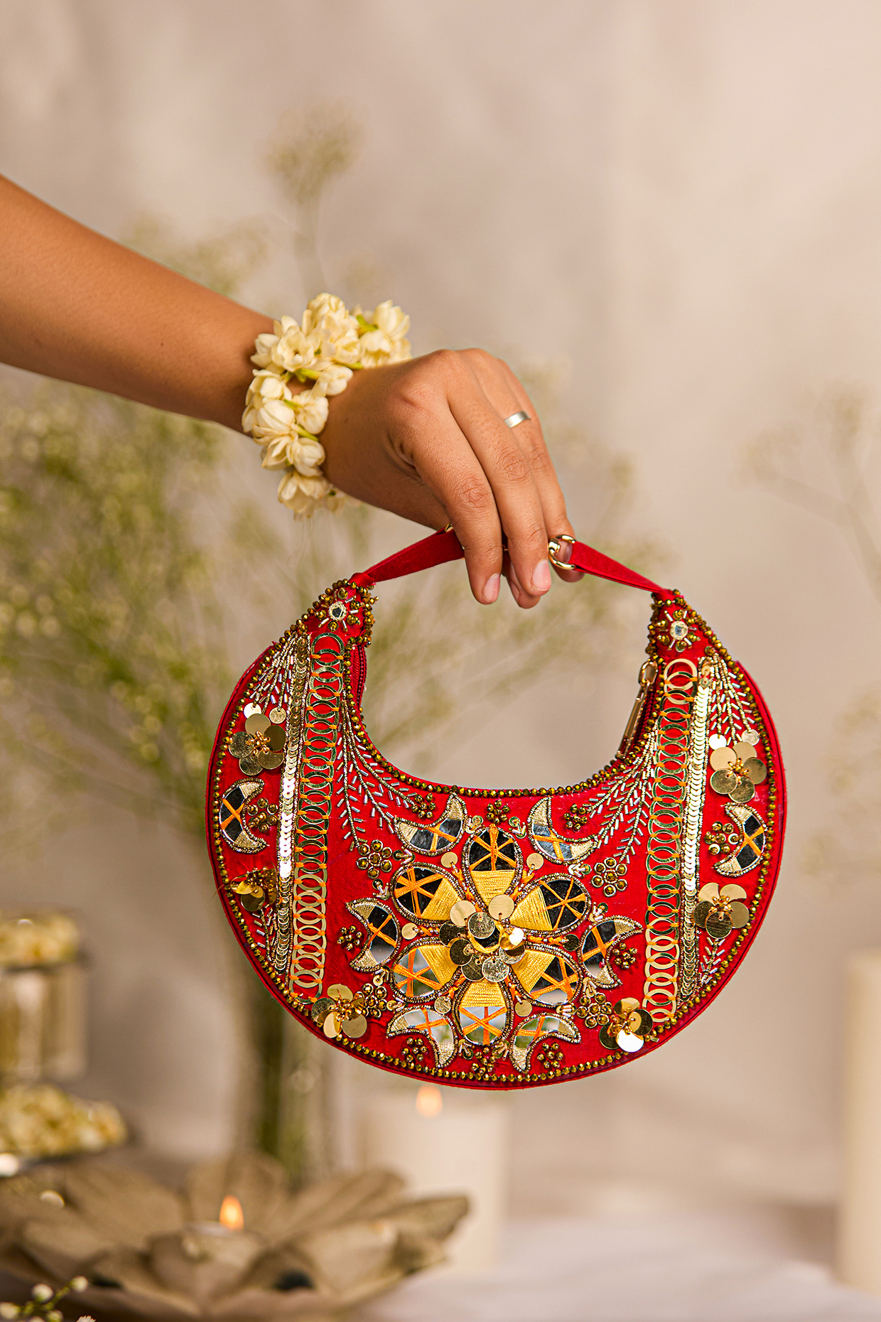 Red Suede Mirror Droplet Embroidered Handbag by 5 Elements at Pernia's Pop Up Shop
