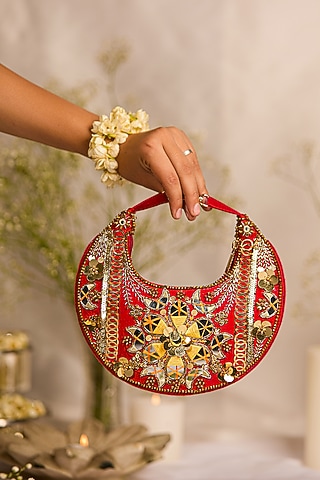 Red Suede Mirror Droplet Embroidered Handbag by 5 Elements