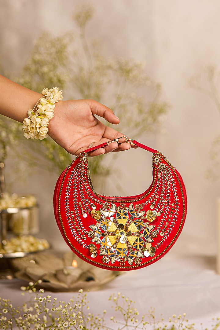 Red Suede Mirror Droplet Embroidered Handbag by 5 Elements at Pernia's Pop Up Shop