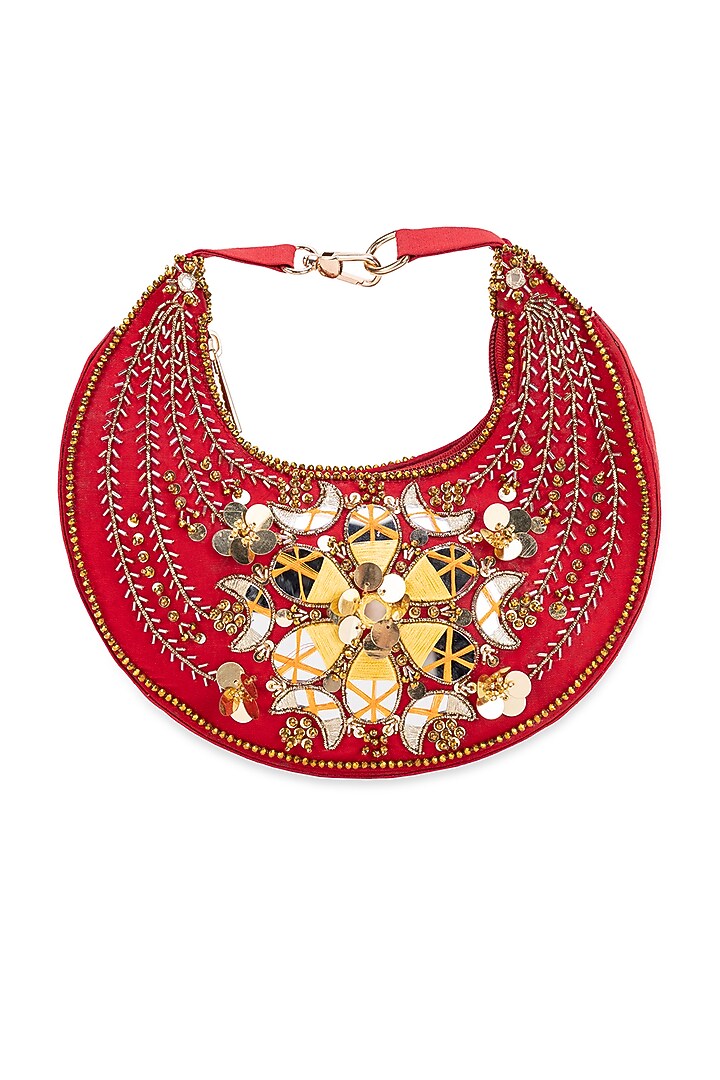 Red Suede Mirror Droplet Embroidered Handbag by 5 Elements at Pernia's Pop Up Shop