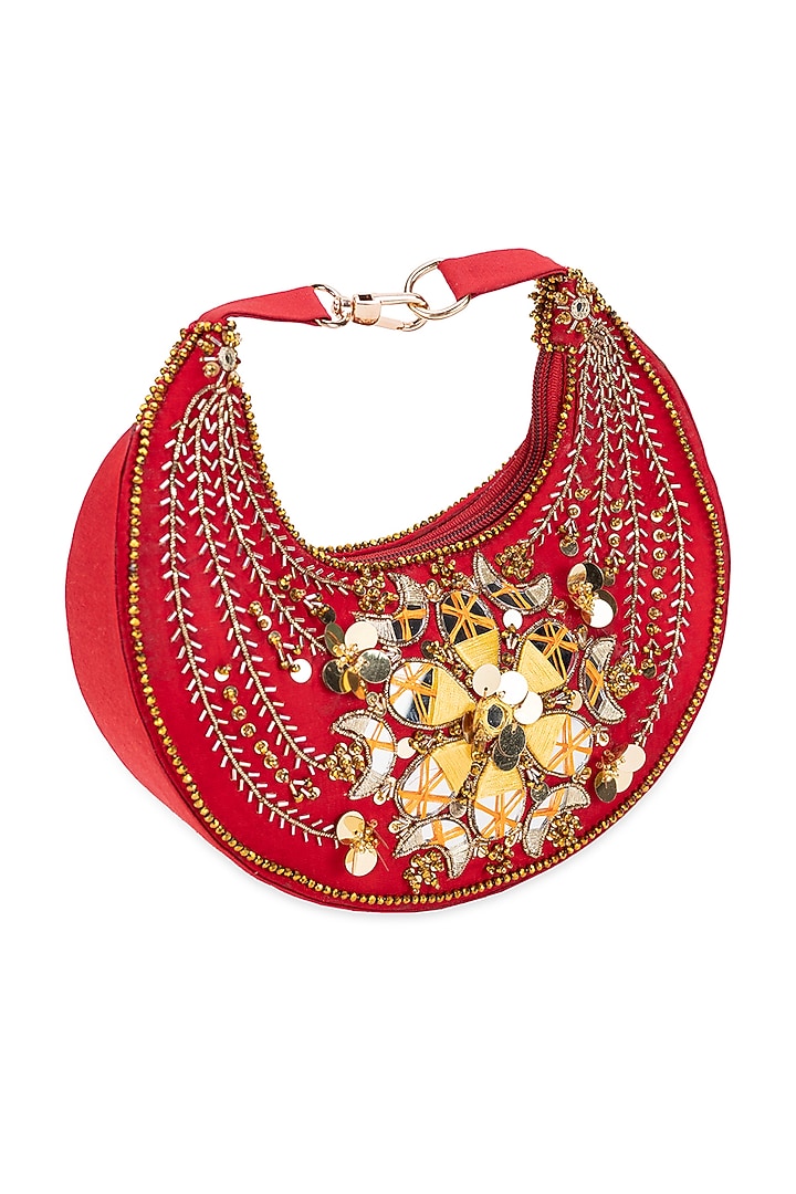 Red Suede Mirror Droplet Embroidered Handbag by 5 Elements at Pernia's Pop Up Shop