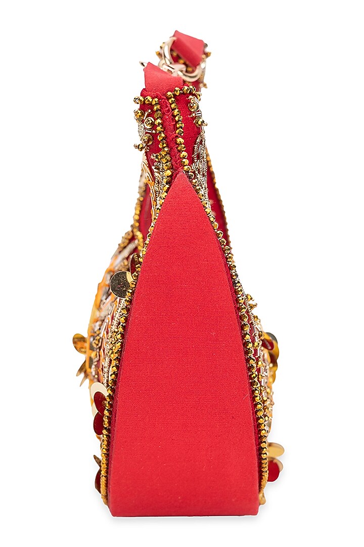 Red Suede Mirror Droplet Embroidered Handbag by 5 Elements at Pernia's Pop Up Shop