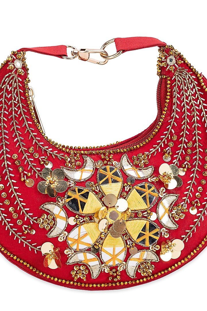 Red Suede Mirror Droplet Embroidered Handbag by 5 Elements at Pernia's Pop Up Shop