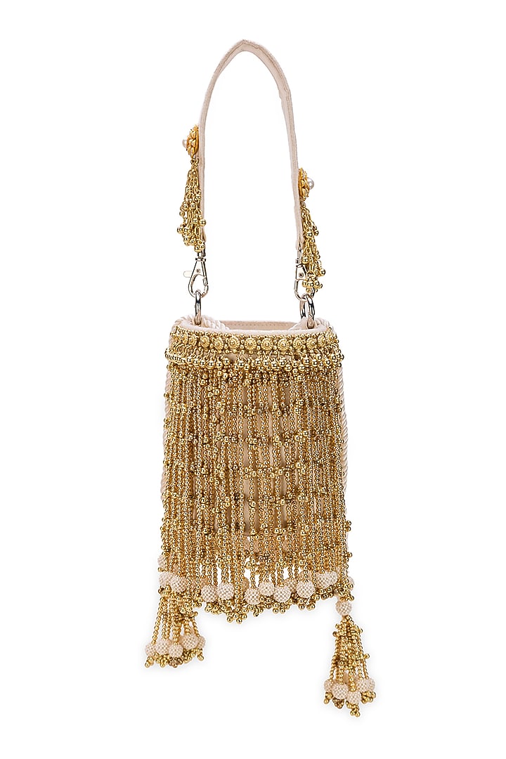 Golden Faux Leather Tassels Embellished Cylindrical Handbag by 5 Elements at Pernia's Pop Up Shop