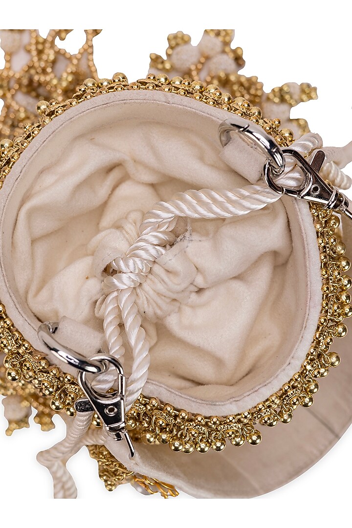 Golden Faux Leather Tassels Embellished Cylindrical Handbag by 5 Elements at Pernia's Pop Up Shop