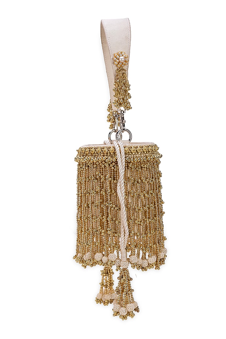 Golden Faux Leather Tassels Embellished Cylindrical Handbag by 5 Elements at Pernia's Pop Up Shop