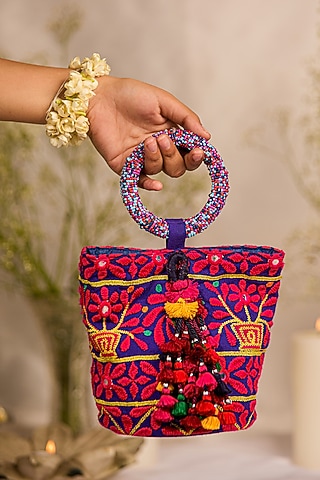 Purple Jacquard Zardosi Embroidered Handbag by 5 Elements