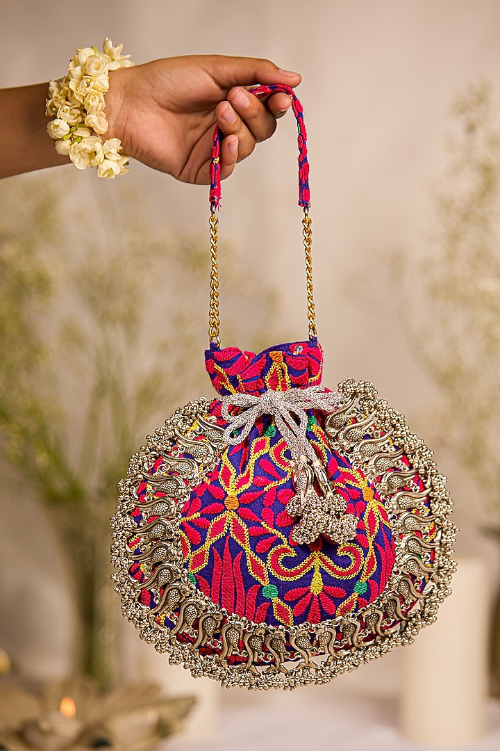 Purple Jacquard Zari Embroidered Potli Bag by 5 Elements at Pernia's Pop Up Shop
