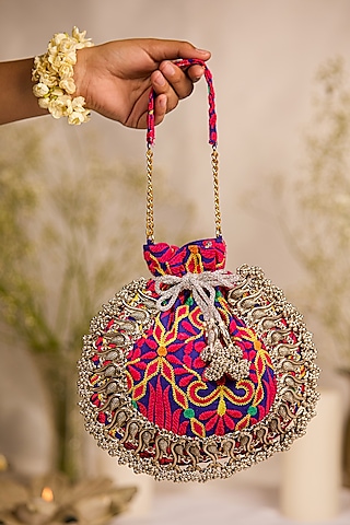 Purple Jacquard Zari Embroidered Potli Bag by 5 Elements