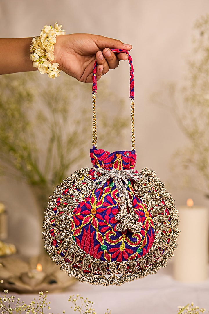 Purple Jacquard Zari Embroidered Potli Bag by 5 Elements at Pernia's Pop Up Shop