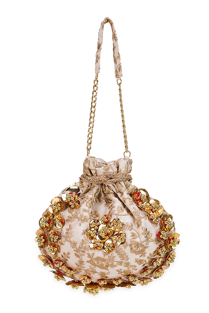 Off-White Silk Dupion Zardosi Embroidered Potli Bag by 5 Elements at Pernia's Pop Up Shop