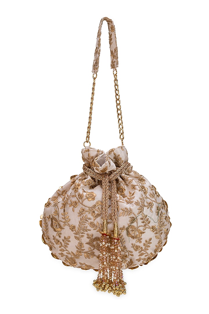 Off-White Silk Dupion Zardosi Embroidered Potli Bag by 5 Elements at Pernia's Pop Up Shop