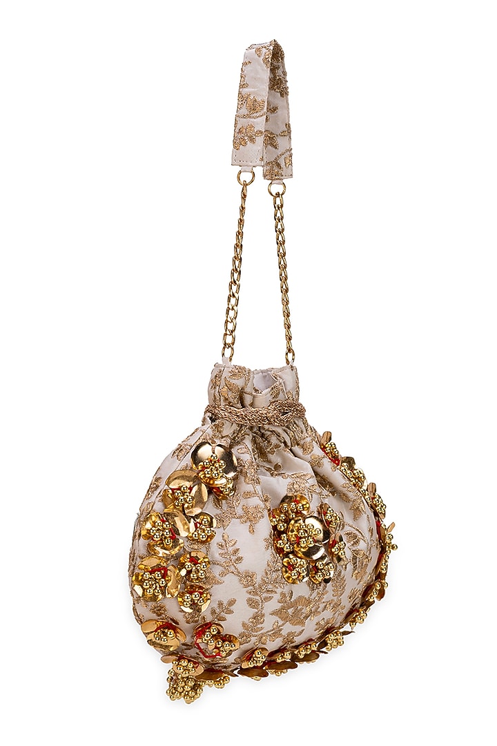 Off-White Silk Dupion Zardosi Embroidered Potli Bag by 5 Elements at Pernia's Pop Up Shop