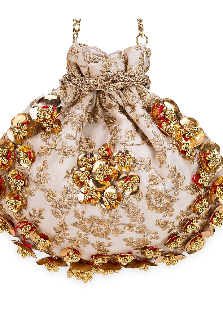 Off-White Silk Dupion Zardosi Embroidered Potli Bag by 5 Elements at Pernia's Pop Up Shop