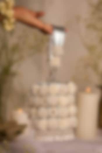 White Faux Leather Beaded Floral Cylindrical Potli Bag by 5 Elements at Pernia's Pop Up Shop