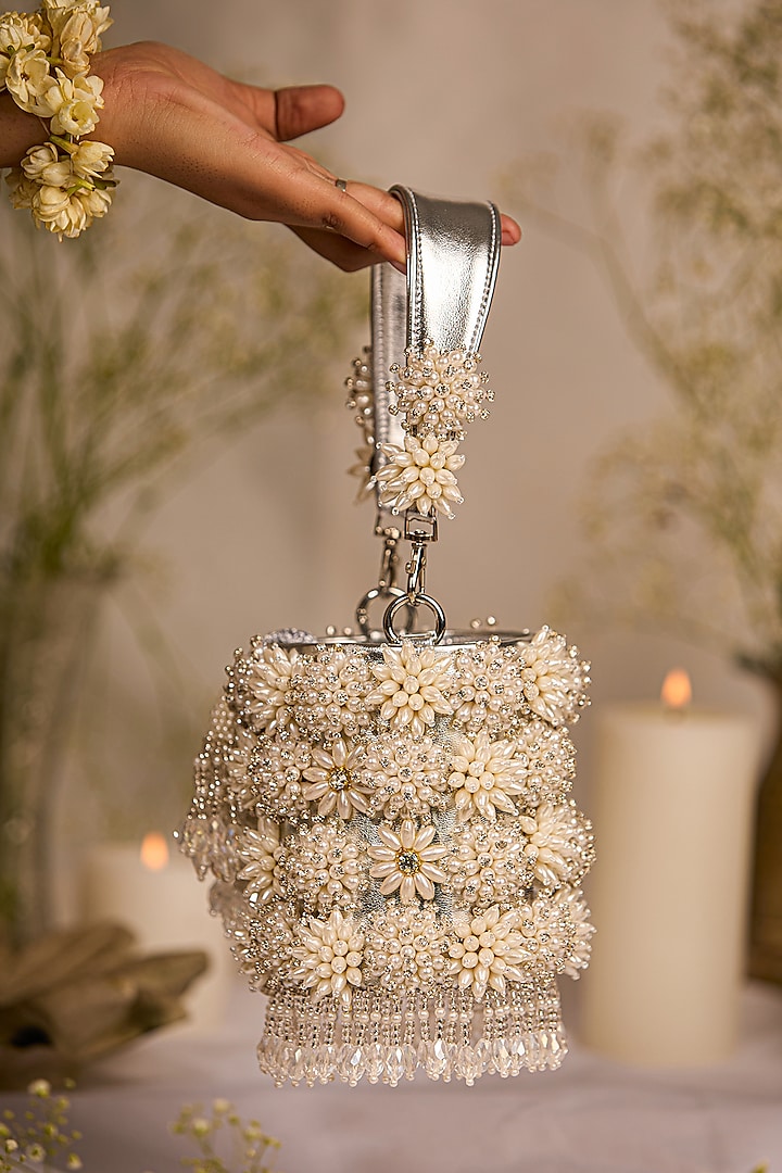 White Faux Leather Beaded Floral Cylindrical Potli Bag by 5 Elements at Pernia's Pop Up Shop