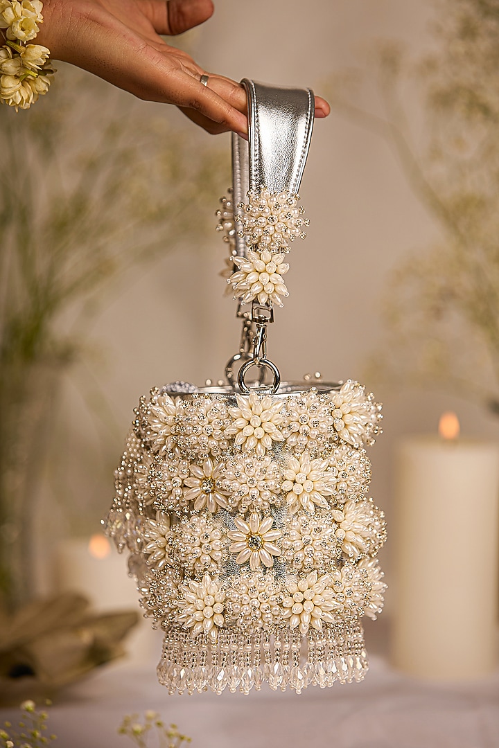 White Faux Leather Beaded Floral Cylindrical Potli Bag by 5 Elements at Pernia's Pop Up Shop