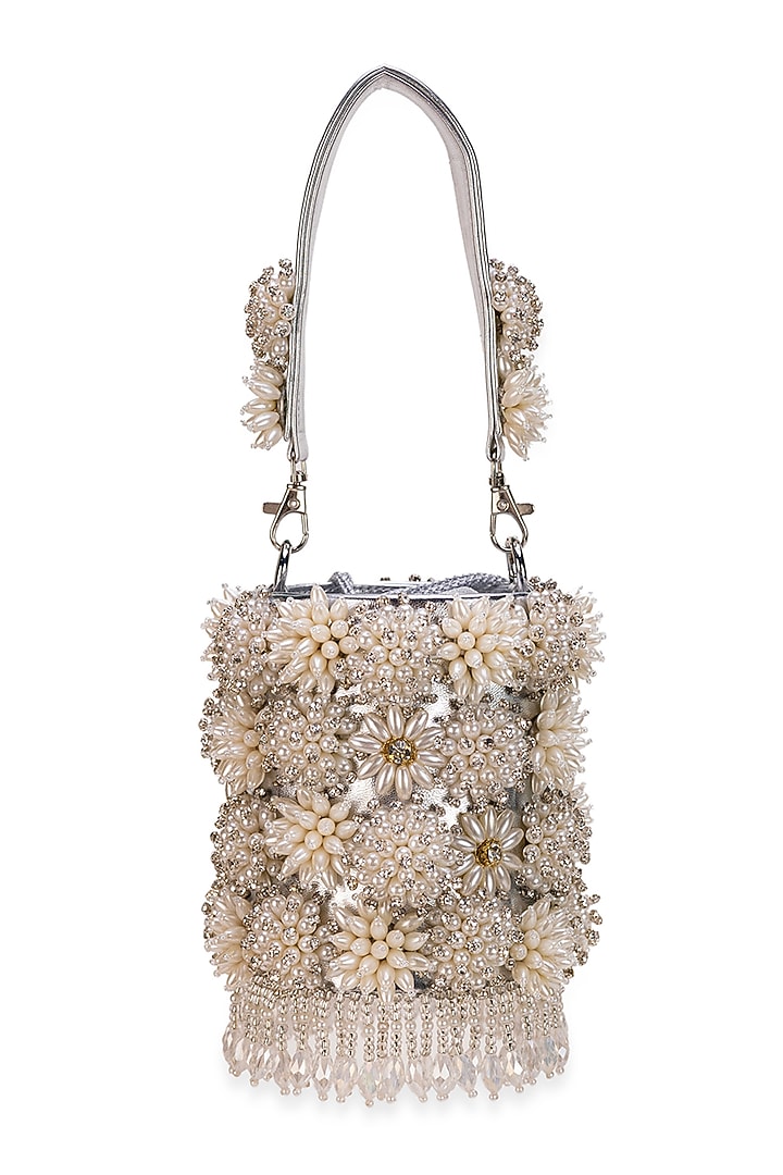 White Faux Leather Beaded Floral Cylindrical Potli Bag by 5 Elements at Pernia's Pop Up Shop
